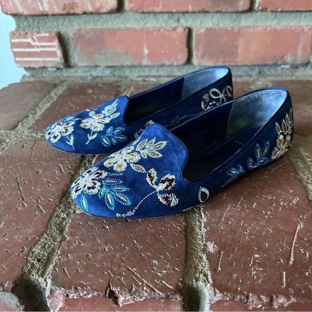 Tory Burch Embroidered Floral Suede Smoking Slippers in Navy Blue Sz 5